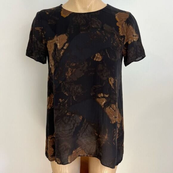 Aritzia Wilfred 100% Silk Tunic Blouse Women’s Size XS Sheer Brown Floral Moody - Picture 5 of 11